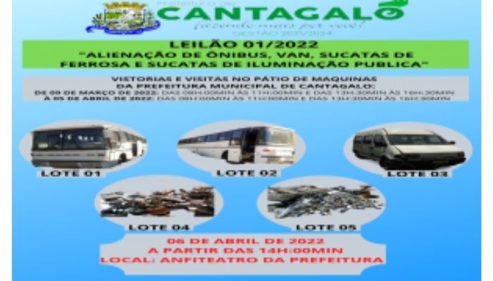 Cantagalo - Prorrogado leilão 01/2022 de bens inservíveis da prefeitura 
